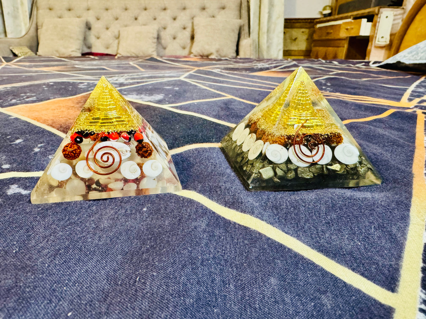 Golden Lakshmi Money Magnet Pyramid with Gomti Chakra Pyrite Pyramid