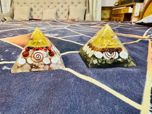 Golden Lakshmi Money Magnet Pyramid with Gomti Chakra Pyrite Pyramid