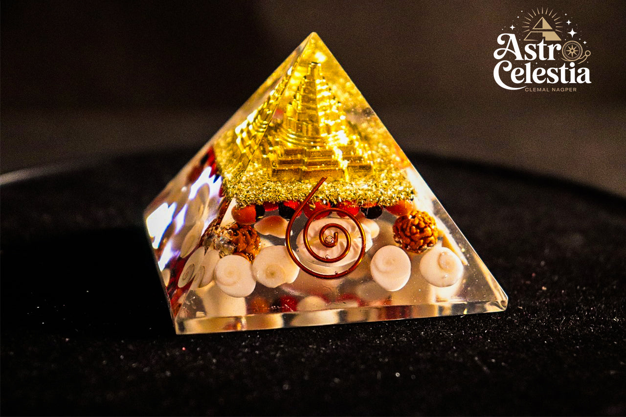 Golden Lakshmi Money Magnet Pyramid with Gomti Chakra Pyrite Pyramid
