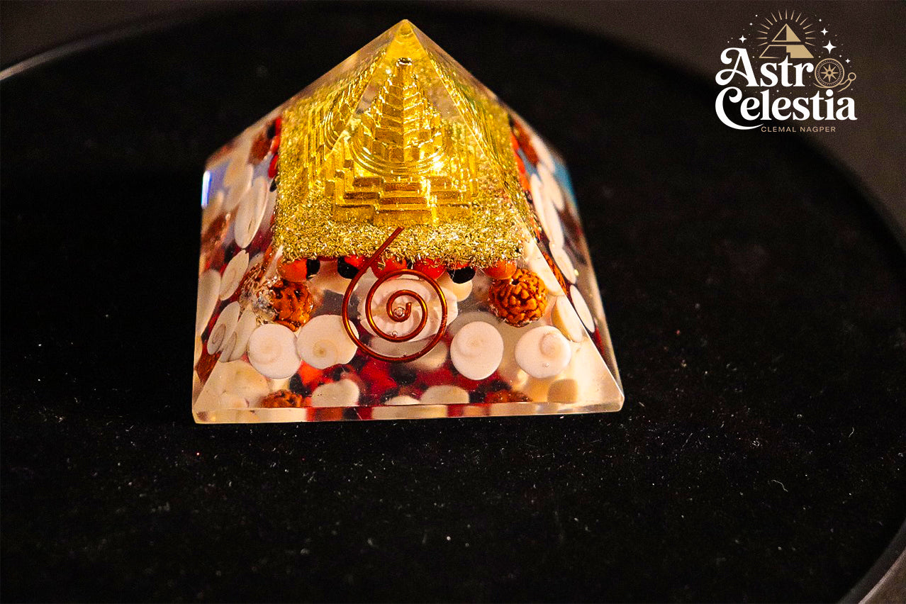 Golden Lakshmi Money Magnet Pyramid with Gomti Chakra Pyrite Pyramid