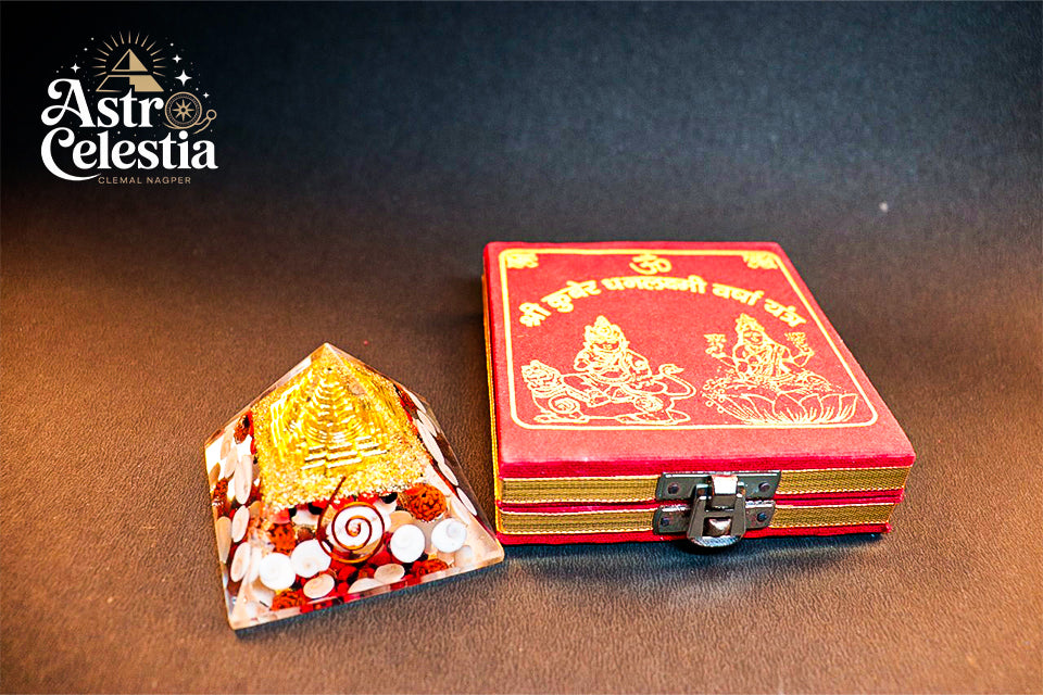 Golden Lakshmi Money Magnet Pyramid with Gomti Chakra Pyrite Pyramid