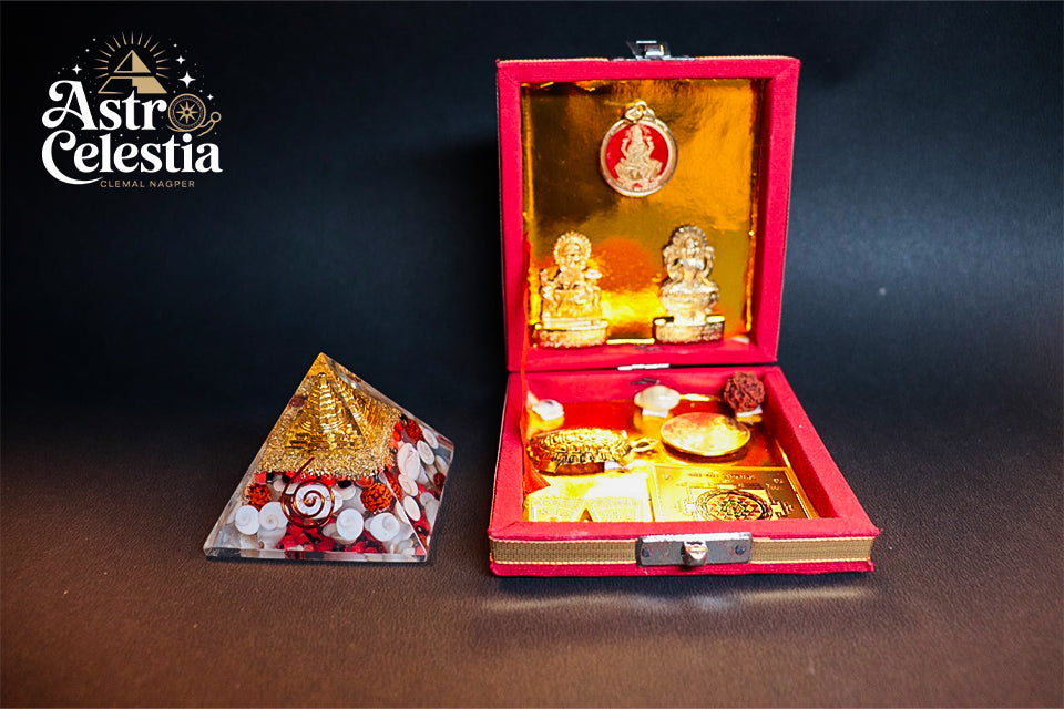 Golden Lakshmi Money Magnet Pyramid with Gomti Chakra Pyrite Pyramid