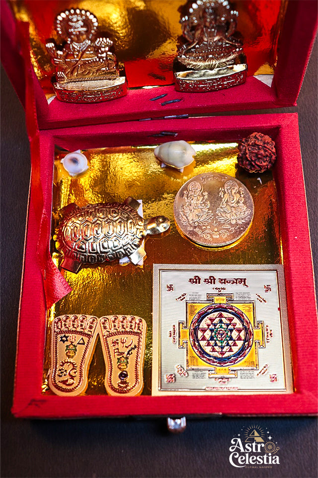 Golden Lakshmi Money Magnet Pyramid with Gomti Chakra Pyrite Pyramid