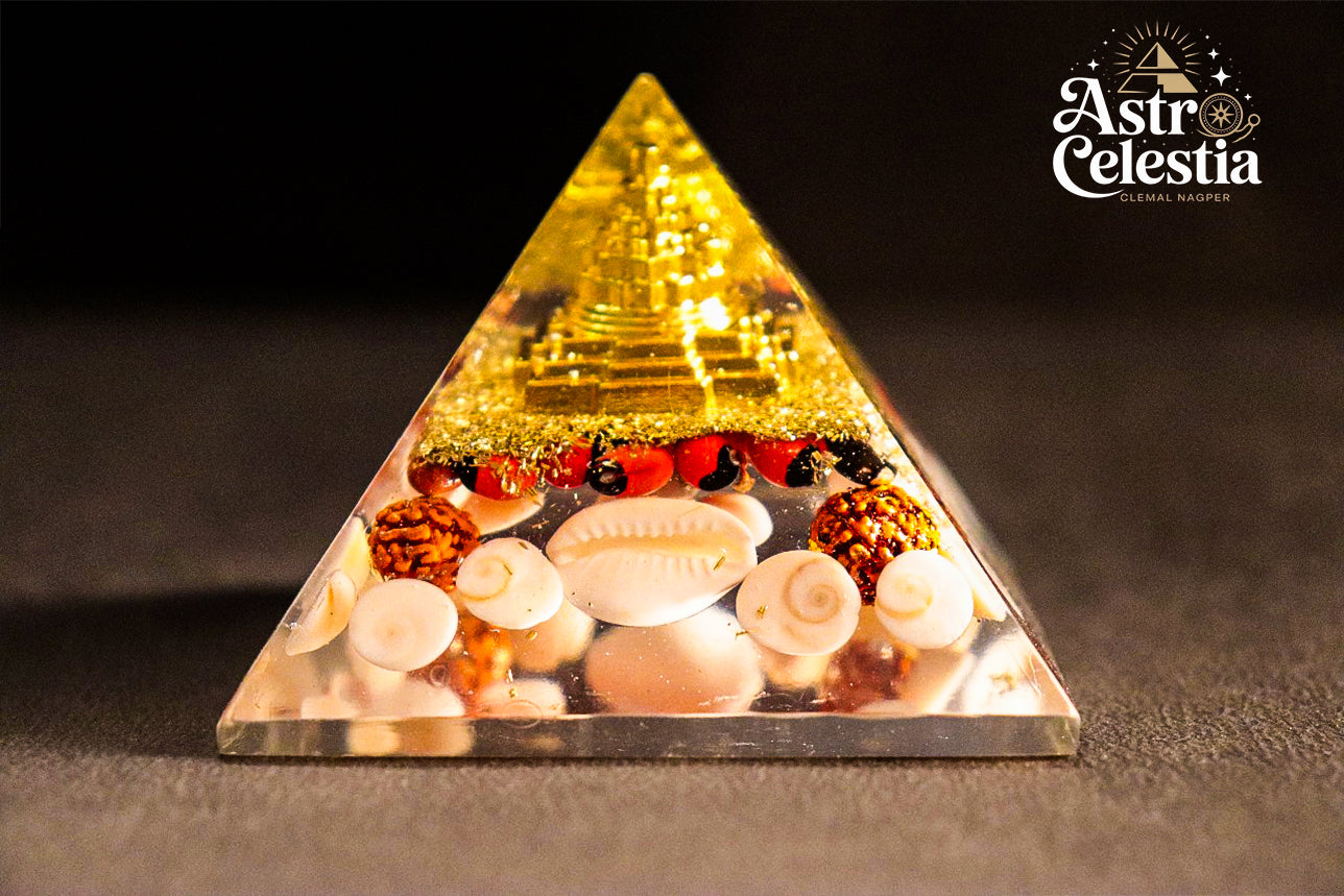 Golden Lakshmi Money Magnet Pyramid with Gomti Chakra Pyrite Pyramid
