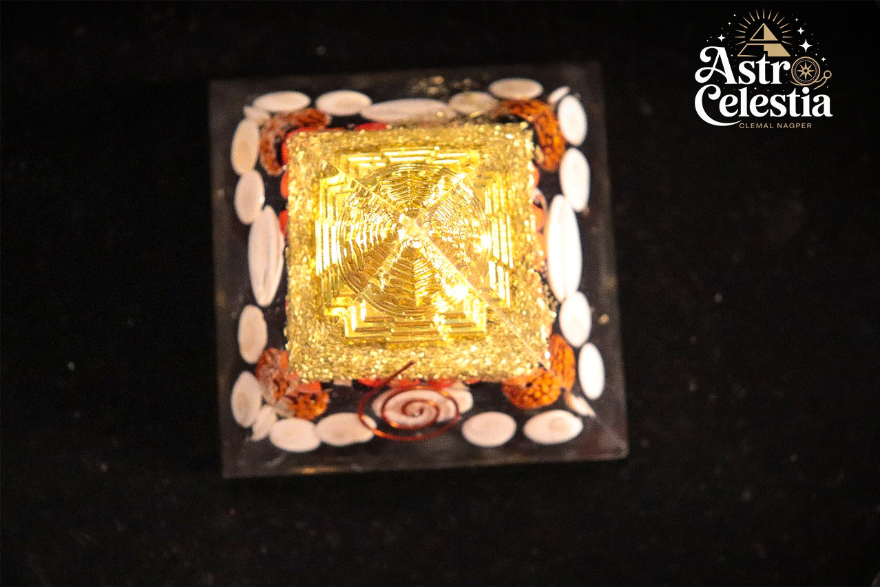 Golden Lakshmi Money Magnet Pyramid with Gomti Chakra Pyrite Pyramid